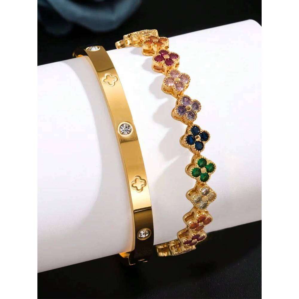 ZAKOL 2 Pcs Brilliant Zirconia Four-leaf Flower Bracelet Bangle Set for Women Exquisite Stainless Steel Daily Bracelets