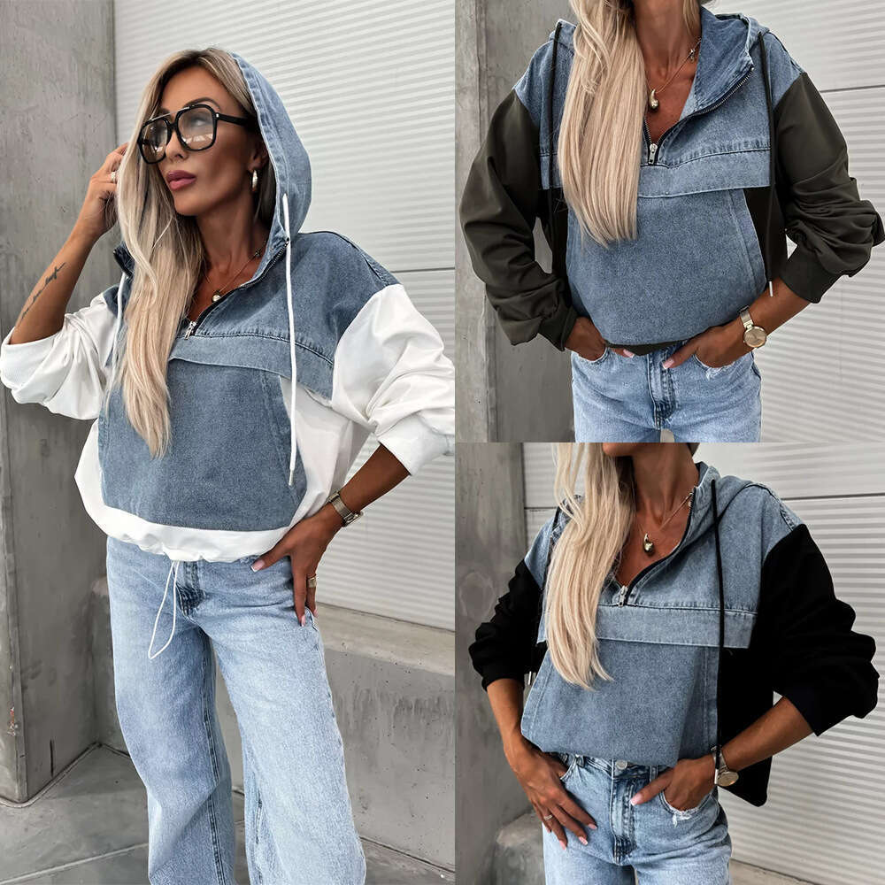 European and American Cross-Border Autumn New Fashion Loose Casual Washed Denim Patchwork Hooded Women's Sweatshirt