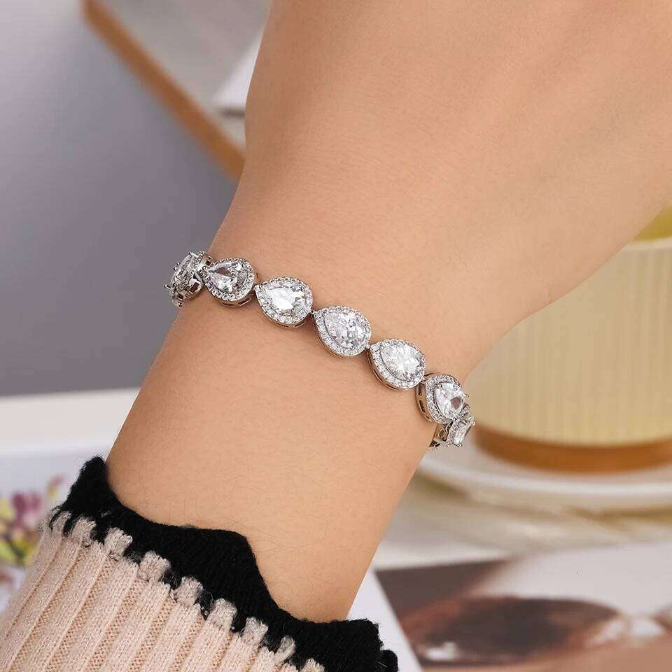 ZAKOL Luxury Geometric Water Drop Zirconia Bracelets for Elegant Women Full Crystal Charm Bracelet Bridal Wedding Jewelry