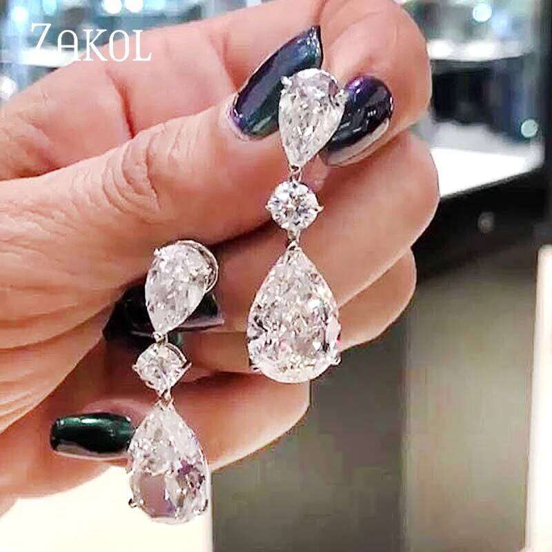 ZAKOL Shinny Zircon Teardrop Dangle Earring for Women Fashion White Gold Color Bridal Earrings Wedding Jewelry