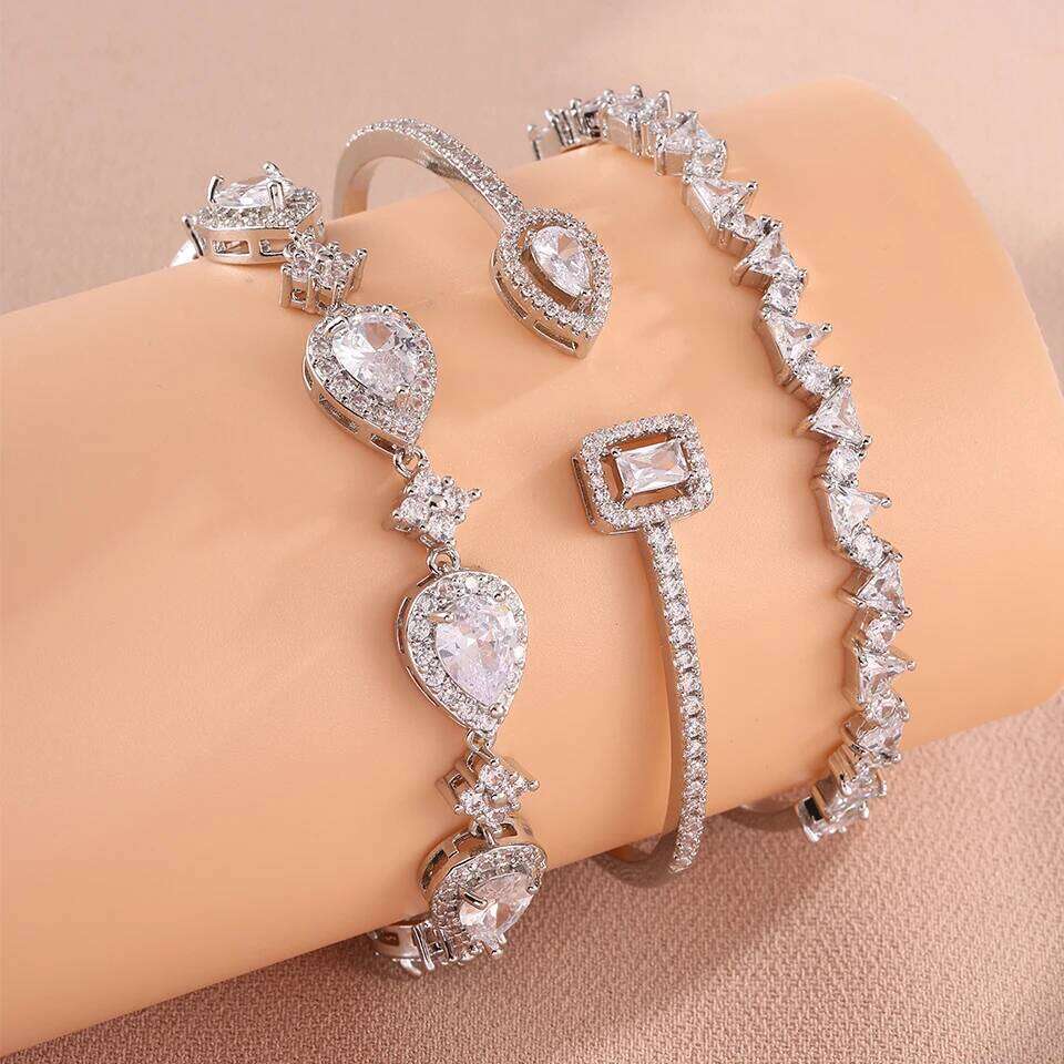 ZAKOL Classic Shiny Water Drop Zircon Adjustable Bracelet Bangles for Women Sliver Gold Color Aesthetic Bride Wedding Jewelry