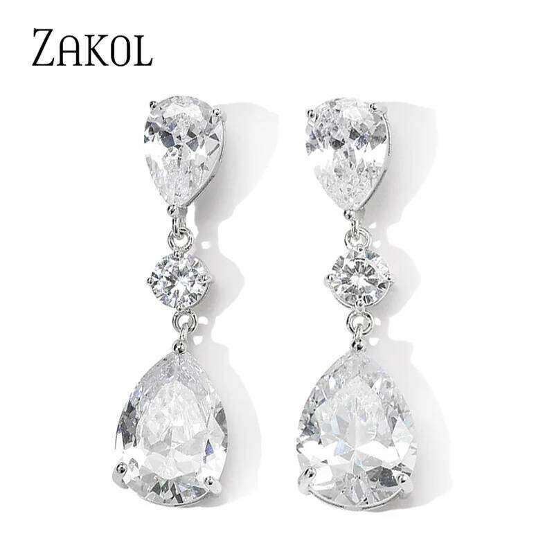 ZAKOL Shinny Zircon Teardrop Dangle Earring for Women Fashion White Gold Color Bridal Earrings Wedding Jewelry