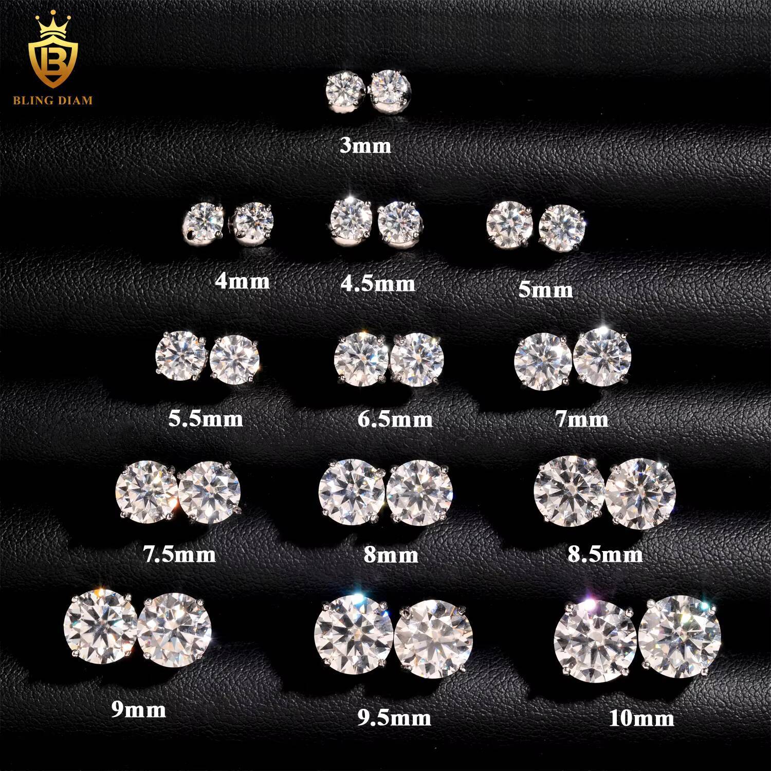 Gra Certificate Fine Jewelry 3mm-10mm Round Cut Vvs1 Moissanite 925 Sterling Silver 10k 14k Stud Earrings Sets for Men Women