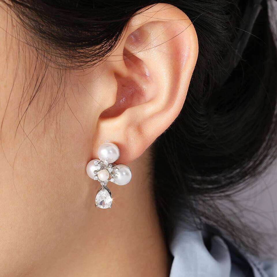 ZAKOL Classic Imitation Pearl Water Drop Zircon Flower Dangle for Women Elegant Bridal Earrings Wedding Jewelry
