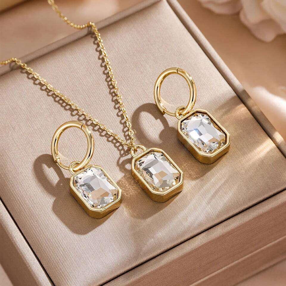 ZAKOL Colorful Big Square Crystal Zircon Pendant Earring Necklaces Elegant Retro Gold Color Chain Women's Party Jewelry Set Gift