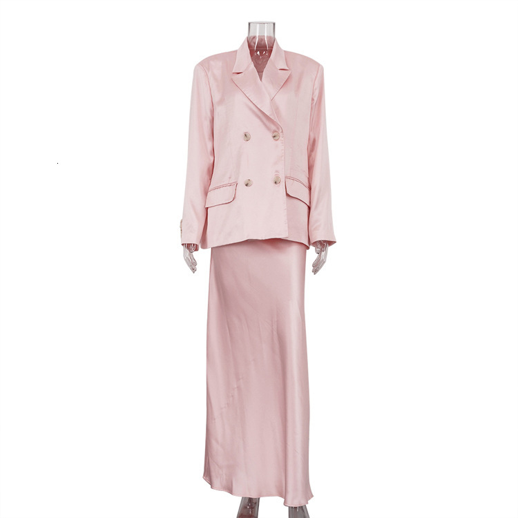 Commuting Style Spring and Autumn New Satin Half-Length Skirt Suit for Women free shipping with Turn-Down Collar Long Sleeve Blazer High-End Two-Piece