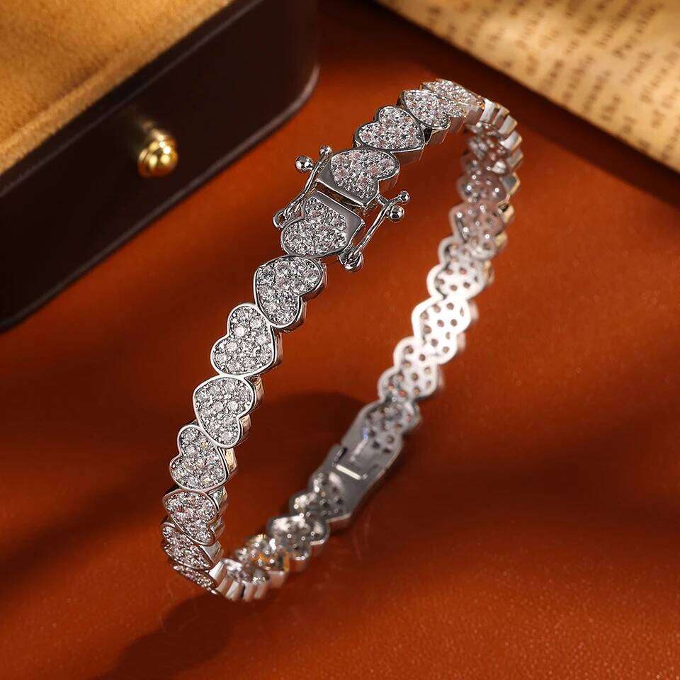 ZAKOL Full Iced Out Bling CZ Cubic Zirconia Heart Charm Bracelet Not Allergies Sliver Gold Color Hiphop Jewelry for Women Men