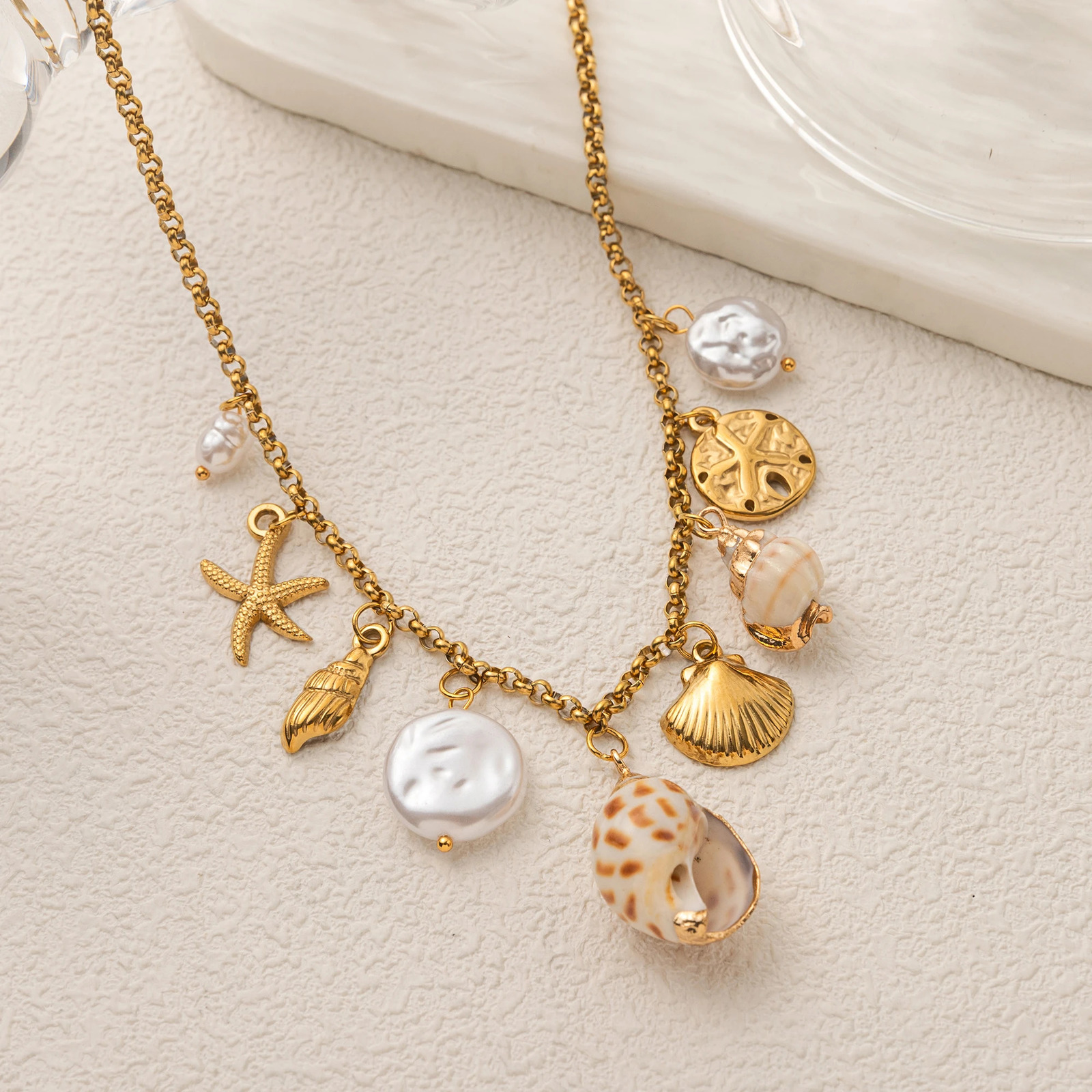 Stainless steel summer beach breeze shell starfish conch pearl necklace vacuum plated 18K gold color retention 251223
