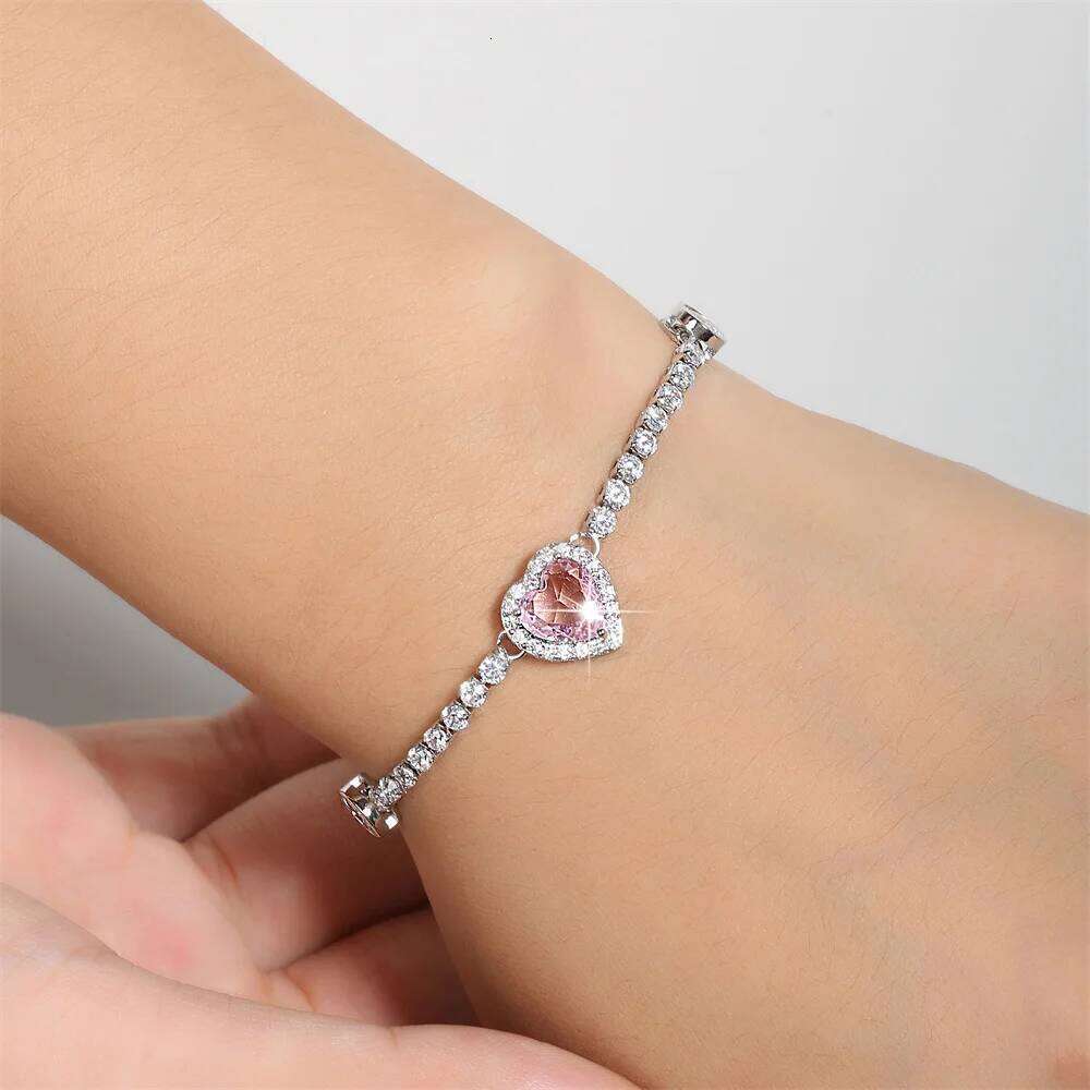 ZAKOL Fashion Pink Heart Shaped Zirconia Charm Bracelet for Women Exquisite Sweet Engagement Birthday Jewelry Gift
