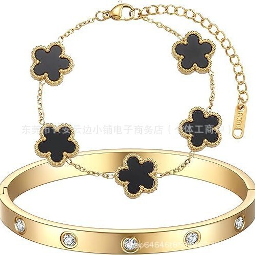 Luxury Brand Designer Jewelry Hot Sale Titanium Steel Five-Leaf Flower Bracelet Oval Inlaid Diamond Bangle 18K Gold High-Grade Non-Fading Bracelet Who