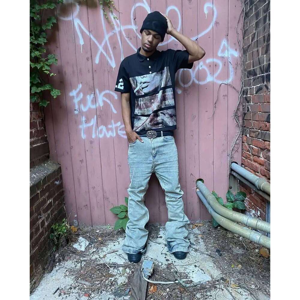 Comic Split-screen Retro Grainy Pattern Printed T-shirt Trend Street Hip-hop Y2K Black Polo Shirt Men Summer New Versatile Tops