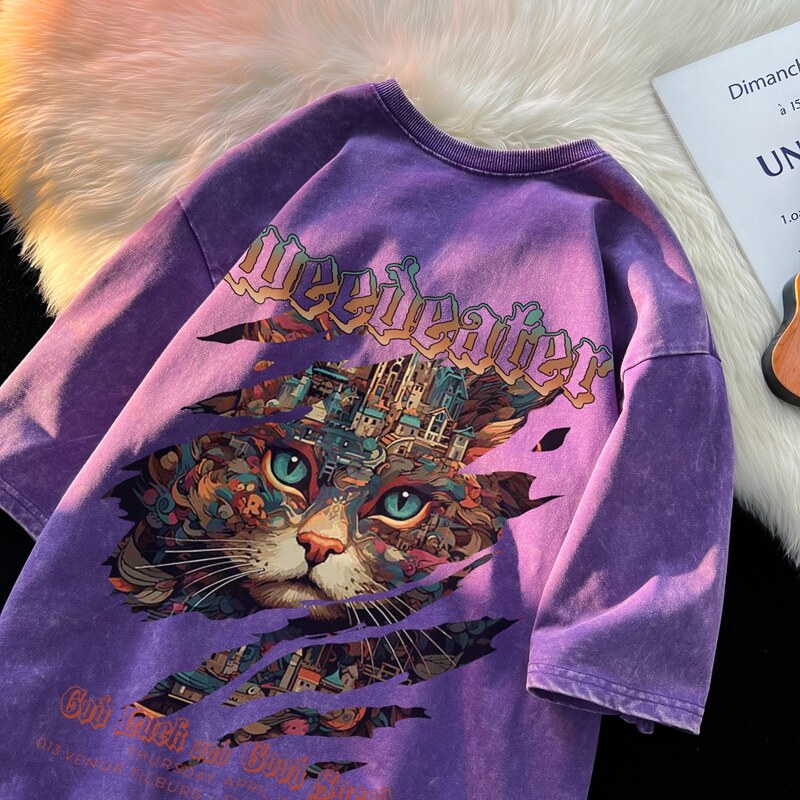 2026 Summer New American Style Washed Short Sleeve T-shirt for Men. Trendy Brand, Cat Print, Loose Fit, Couples' Style.
