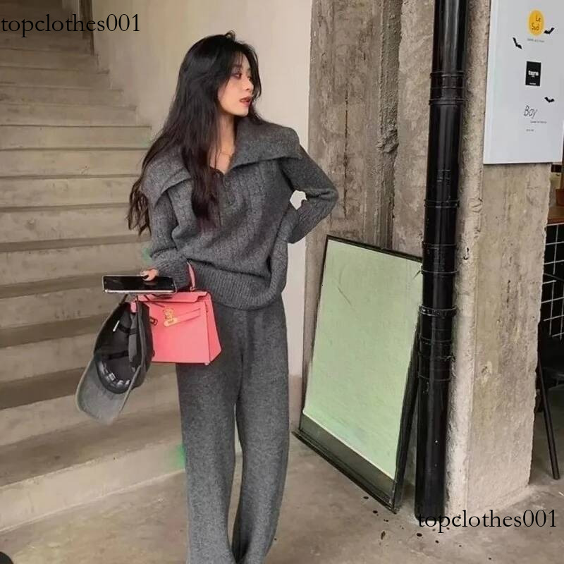Polo Neck Sweater+Elastic Waist Wide Leg Pants Two Piece Outfits Casual Lounge Autumn Winter Women's Knit Set