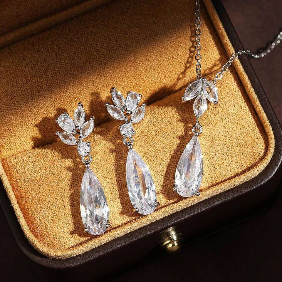 ZAKOL Shiny Teardrop Zircon Dangle Earring Necklaces for Women Elegant Shining Crystal CZ Wedding Jewelry Set With Gift Box