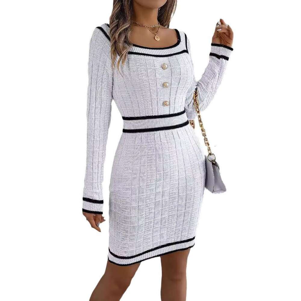 Autumn Winter European American Elegant Square Neck Button Long Sleeve Sweater Bodycon Dress Independent Cross-Border Women's Fashion
