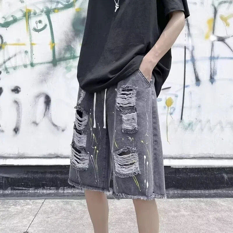 Summer Mens Hip Hop Fashion Ripped Jorts 2025 Y2K Vintage Streetwear Denim Shorts Casual Drawstring Baggy Short Jeans 251223