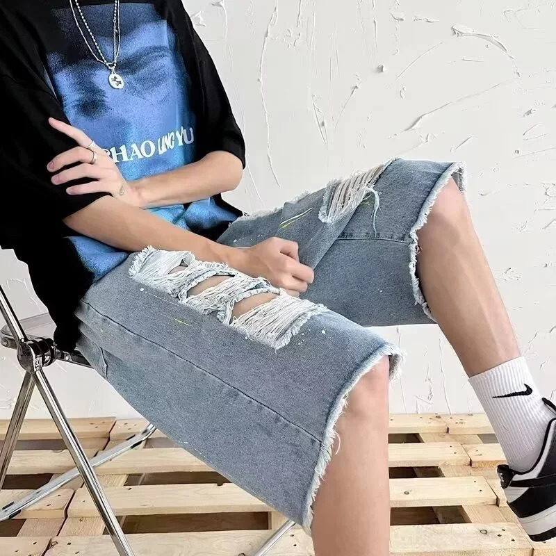 Summer Mens Hip Hop Fashion Ripped Jorts 2025 Y2K Vintage Streetwear Denim Shorts Casual Drawstring Baggy Short Jeans 251223