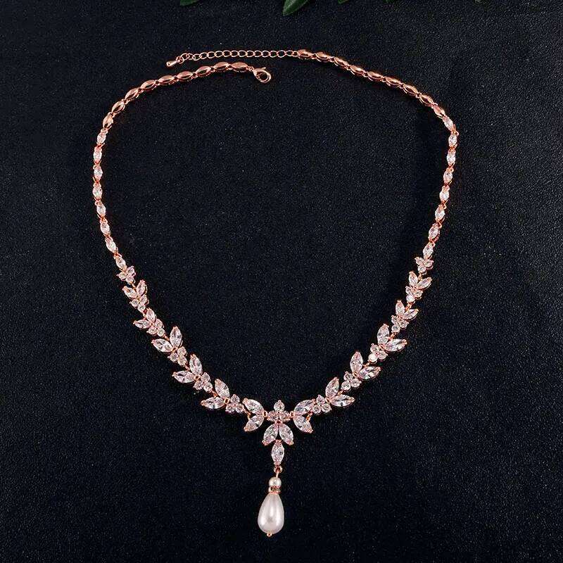 ZAKOL Luxury Brilliant AAA Zirconia Leaf Necklace for Women High Quality Shiny Zircon Pearl Drop Bridal Wedding Party Jewelry