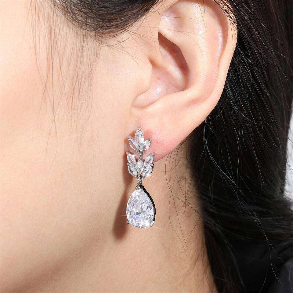 ZAKOL Classic Big Water Drop Leaf Zirconia Bridal Earrings for Women Elegant Shiny Crystal Zircon Wedding Patry Jewelry Gift