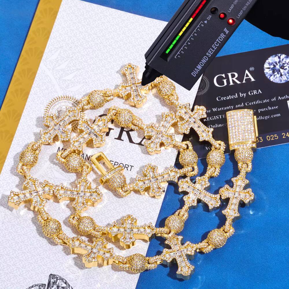 NUOYA Luxury Diamond Necklace 18mm Iced Out VVS Moissanite 925 Silver Round Bead Design Cross Link Chain Necklace Fine Jewelry