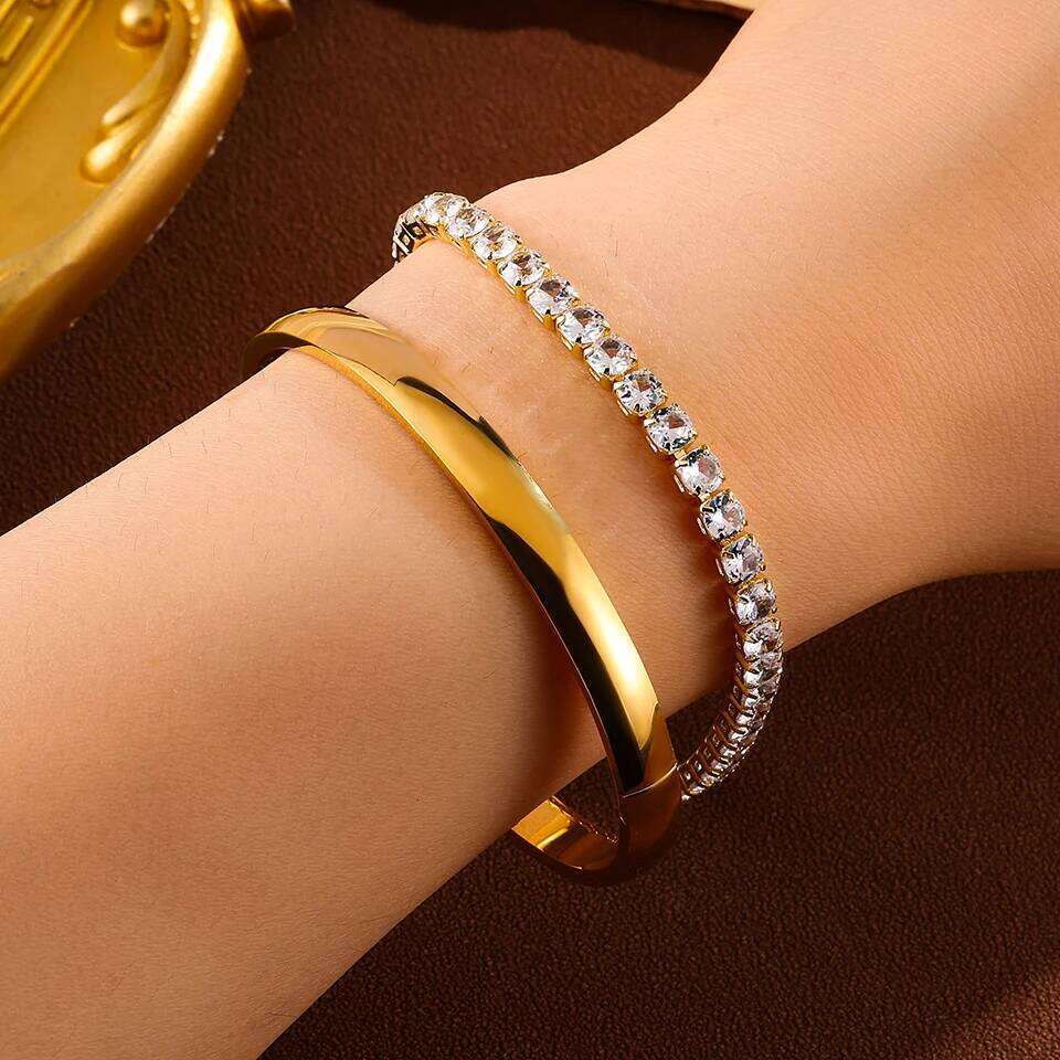 ZAKOL 2Pcs/Set Smooth Stainless Steel Bangle Zircon Tennis Bracelet Set for Women Simple Fashion Daily Jewelry Accessories