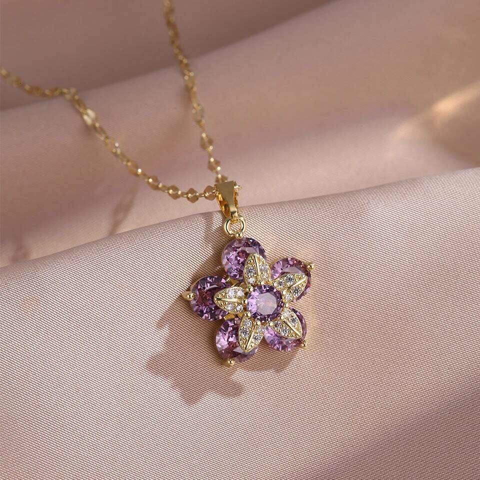 ZAKOL Rotable Flower Pendant Necklace Colorful Pink Crystal Zircon Stainless Steel Clavicle Chain Women's Accessories Gift