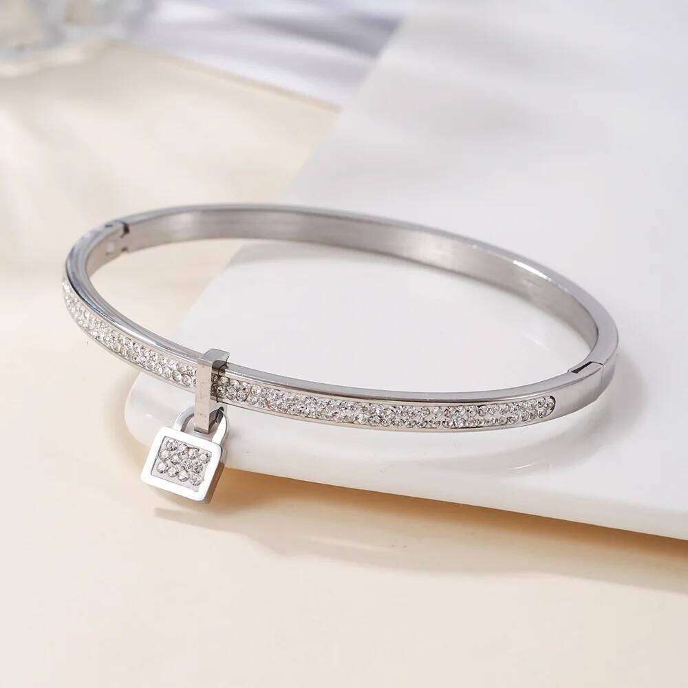 ZAKOL Stainless Steel Micro Inlaid Zircon Padlock Charm Bracelet Shiny Crystal CZ Non-fading Waterproof Bangle Party Jewelry