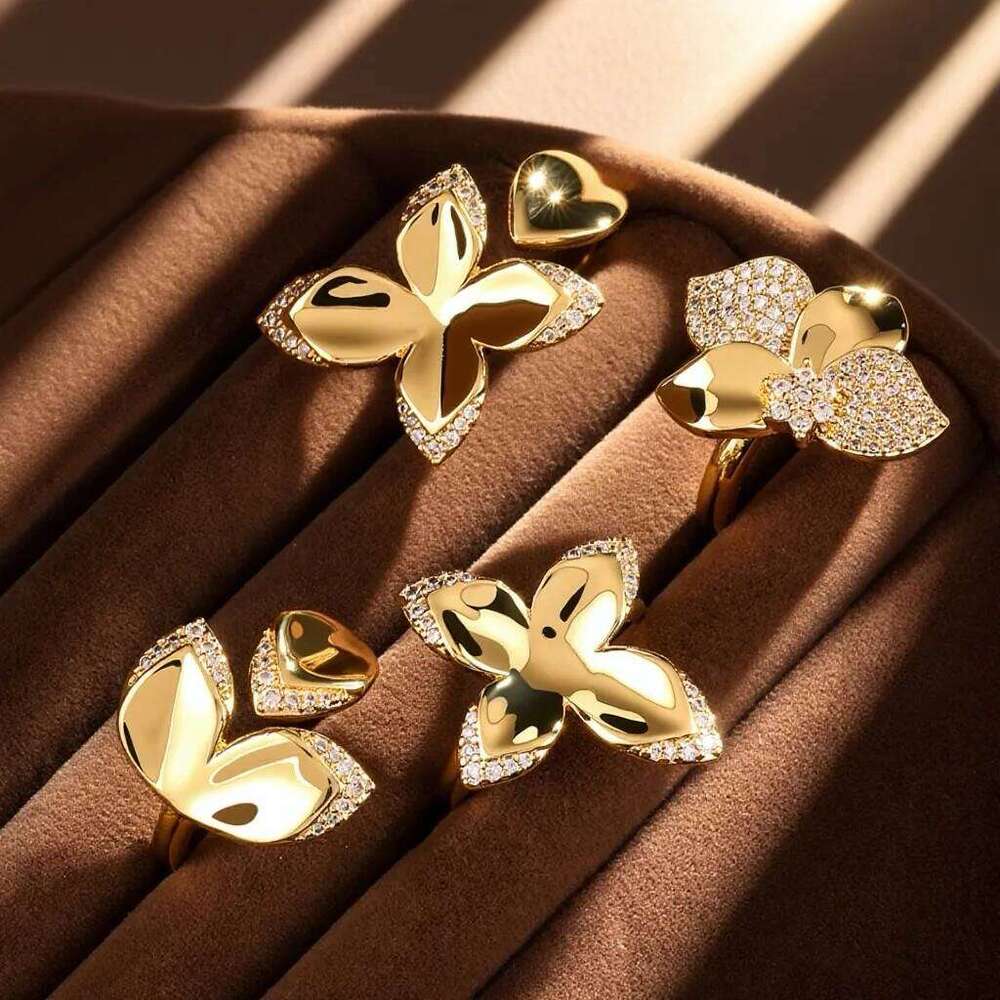 ZAKOL Smooth Metal Shiny Zircon Inlaid Leaf Flower Open Rings for Women Elegant Wedding Party Jewelry Accessories