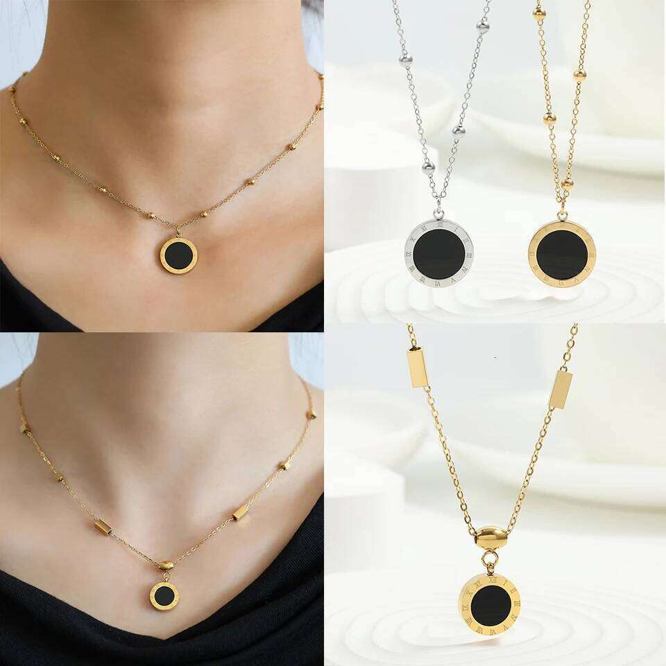 ZAKOL Fashion Roman Numeral Titanium Steel Necklace For Women Round Black Shell Pendant Choker Accessories Gift