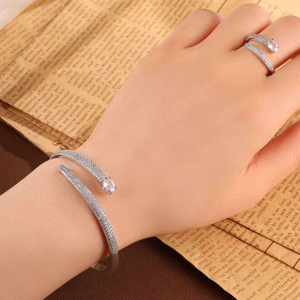 ZAKOL Trendy Elliptical Zircon Head Nail Shaped Open Bracelet Ring Set Saudi Arabia's Fashion Wedding Party Jewelry Accessory