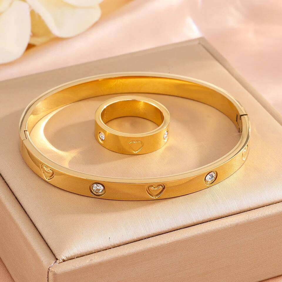 ZAKOL 6 Styles Available Golden Stainless Steel Ring Bracelet Set for Women Men Exquisite Couple Birthday Christmas Jewelry Gift