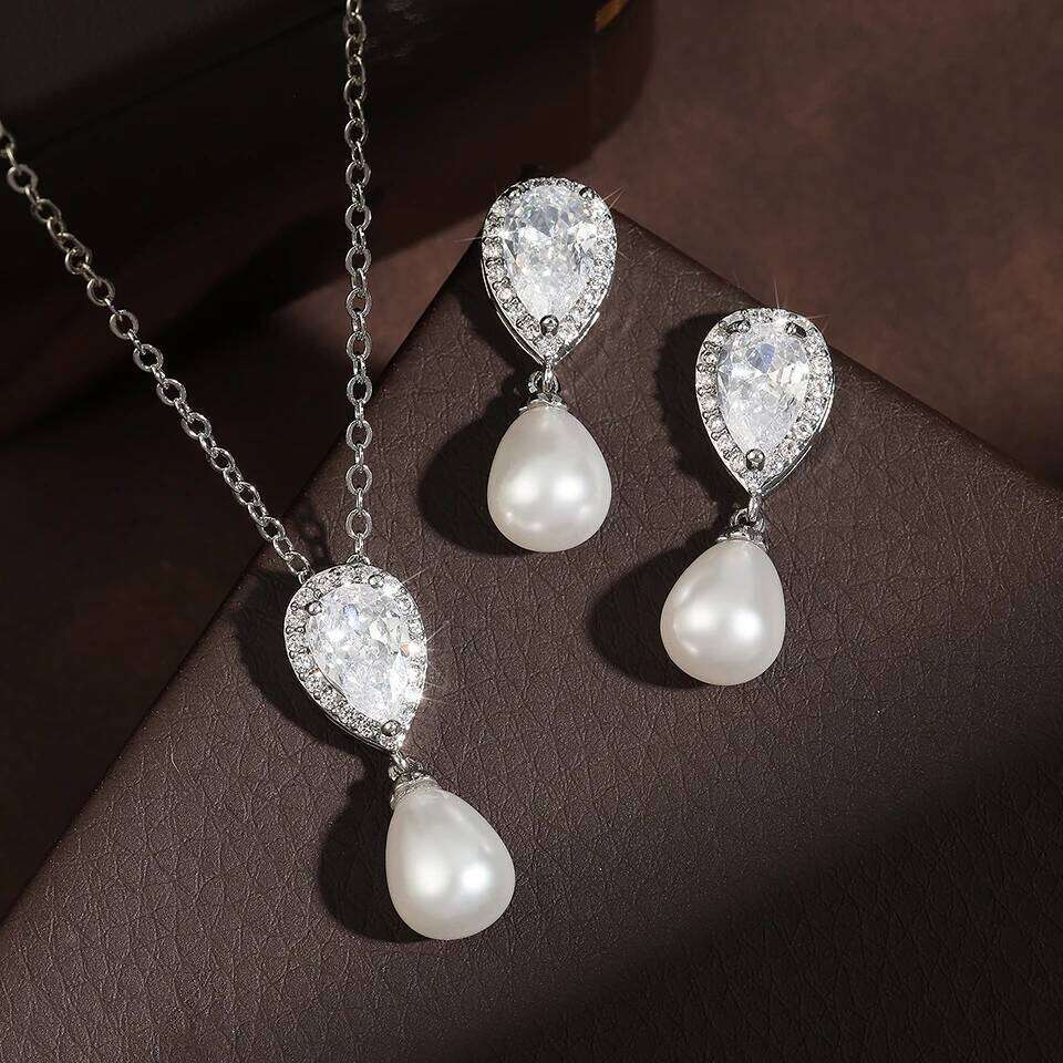 ZAKOL Luxury Water Drop Zirconia Dangle Necklace Teardrop-shaped Pearl Pendant Earring Wedding Jewelry Set