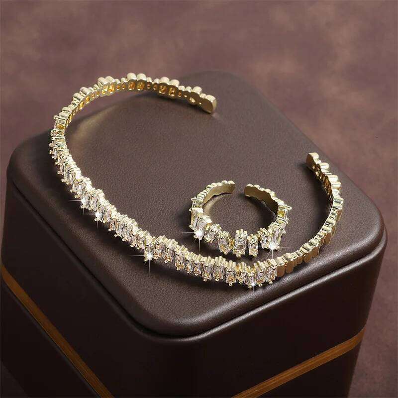 ZAKOL Fashion Adjustable Open Bangle Ring Wedding Jewelry Sets for Women Elegant Shiny AAA Cubic Zirconia Accessories Gift