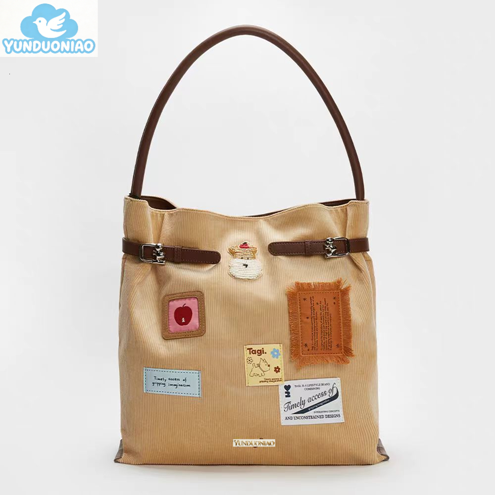 Fashionable new color block suede retro corduroy large capacity commuting handbag shoulder bag fashionable women's bag