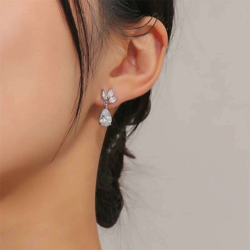 ZAKOL Luxury Leaf Water Drop Zircon Dangle Earrings for Women Gorgeous Silver Color Bridal Wedding Jewelry