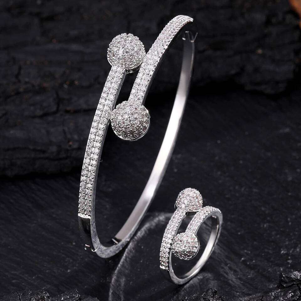 ZAKOL Luxury Half Spherical Opening Ring Bracelet Zirconium Micro Inlaid Zircon Daily Party Fashion Accessory for Women