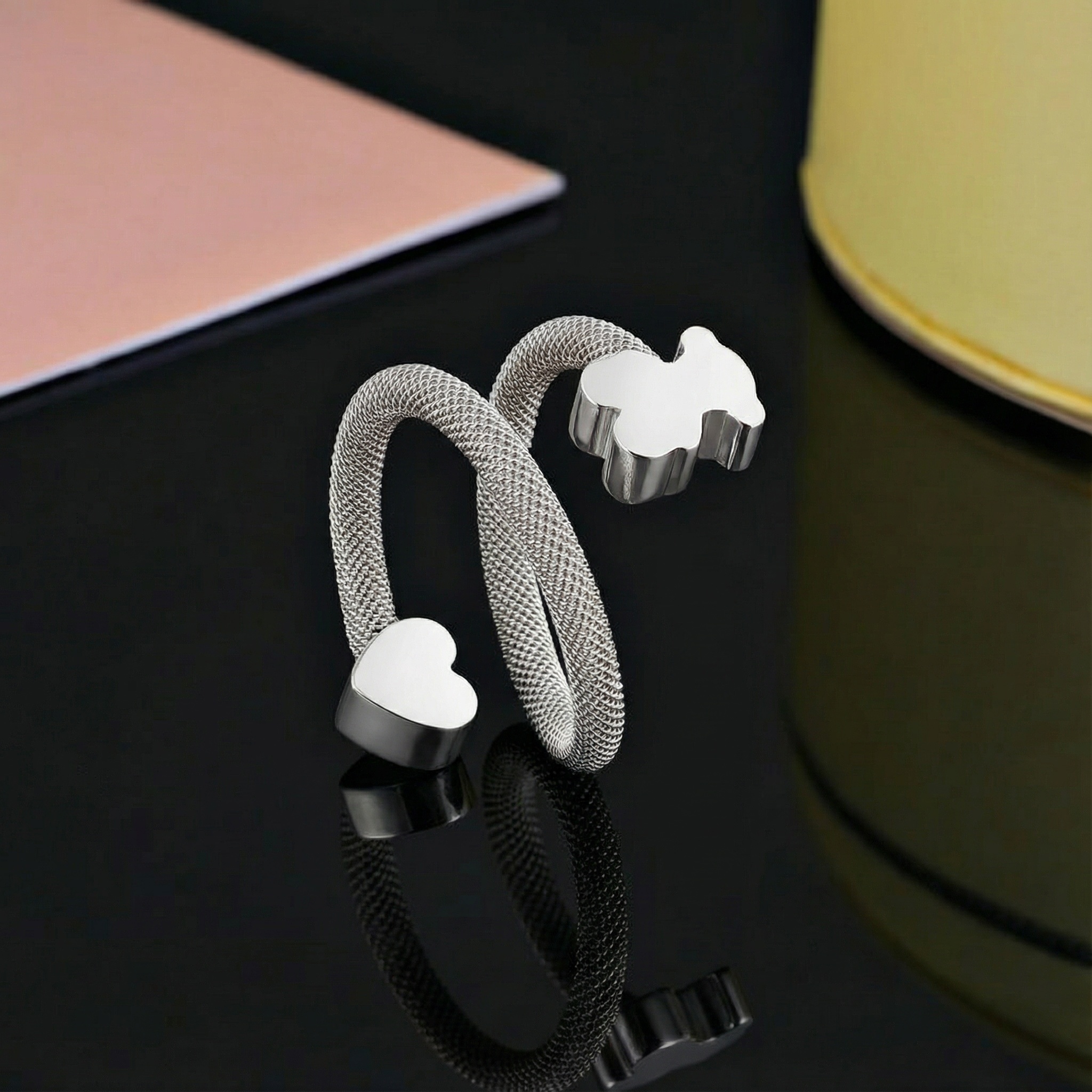 New Arrival Fashion Women Men Silver Gold Stainless Steel Span Bear Animal Round Double Heart Black Wire Rings Jewelry A Gift