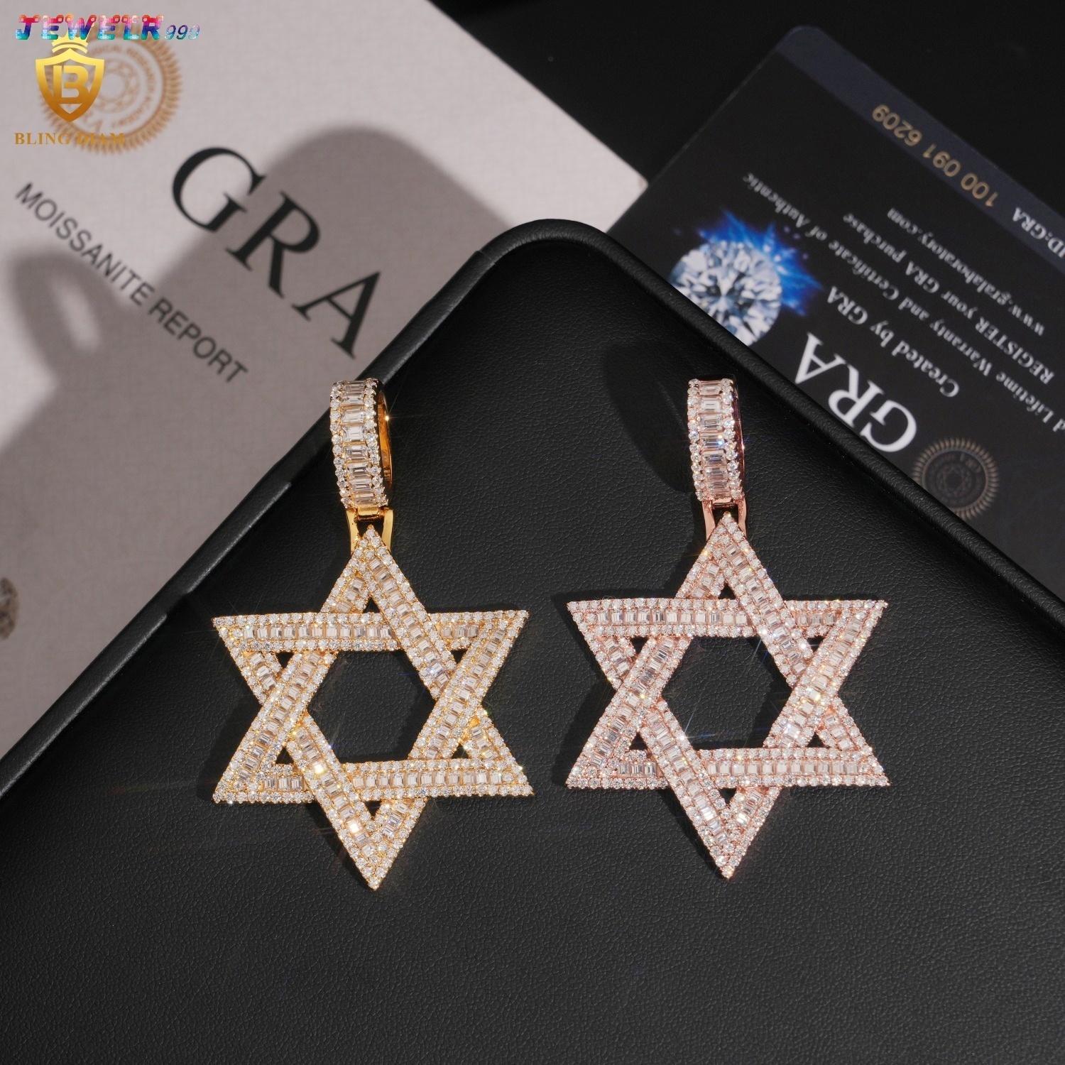 Hip Hop Moissanite Jewelry Hexagram Charm Pendant Solid 925 Silver Baguette Cut Moissanite Pendant Jewelry Iced Out Pendant GRA