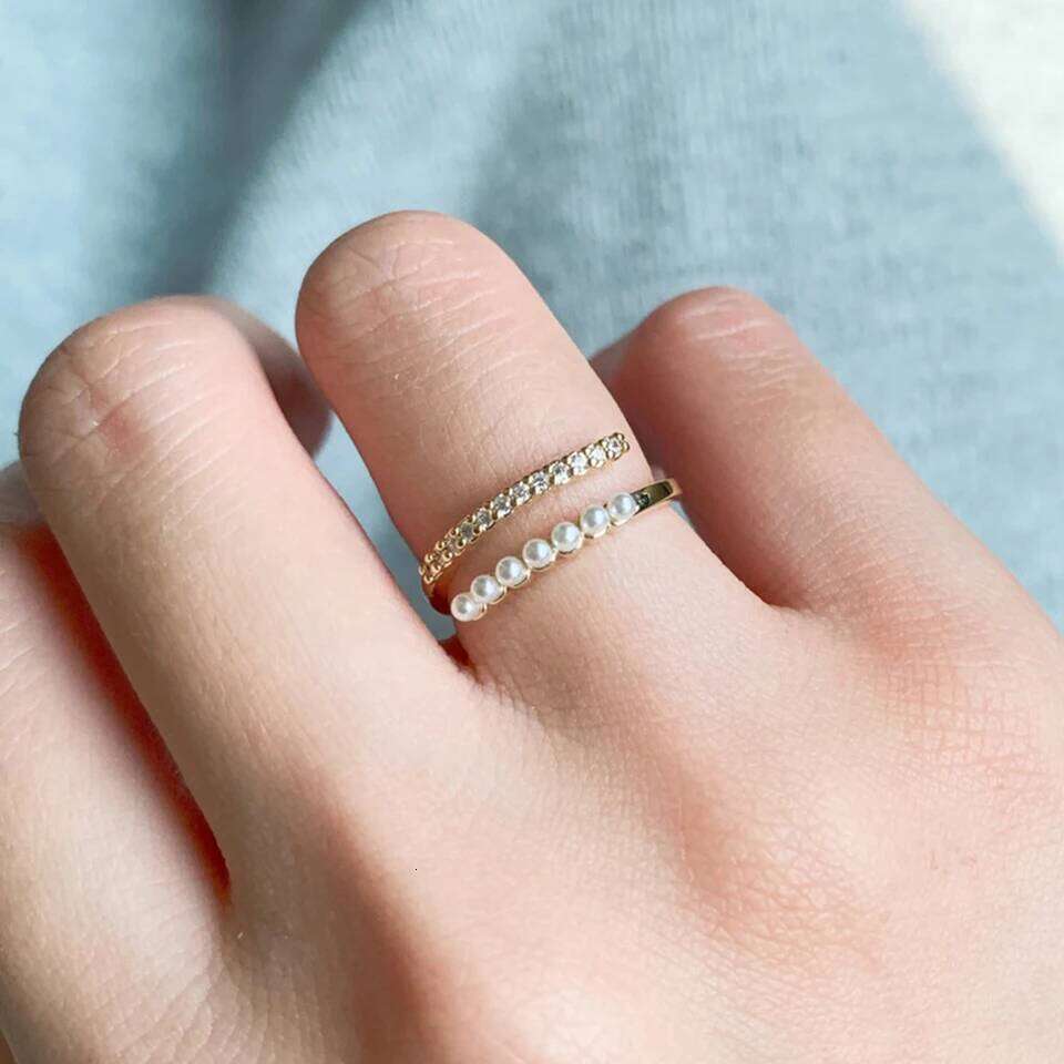ZAKOL Korean Fashion Gold Color Round Small Pearl Open Ring Shiny Zircon Minimalist Women Daily Accessories