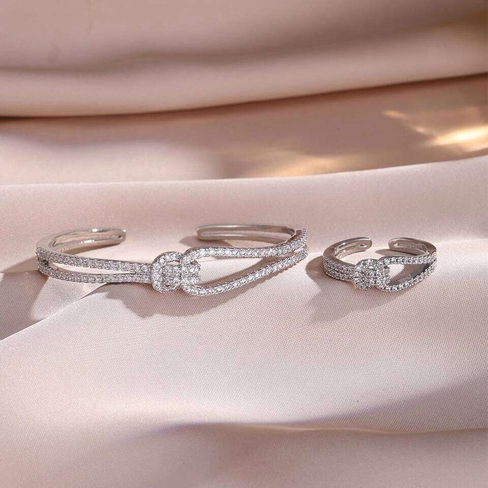 ZAKOL Classic Knotted Niche Design Micro-Inlaid Zircon Open Bracelet Ring for Women Exquisite Wedding Party Jewelry