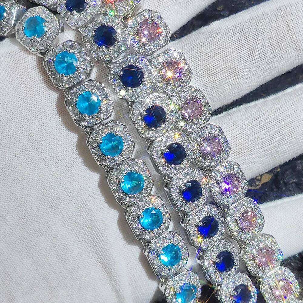 12mm Hip Hop Jewelry Pink/Treasure Blue/Sea Blue Girl Cluster Tennis Chain Cubic Zirconia Bling Diamond CZ Necklace For Women 47c