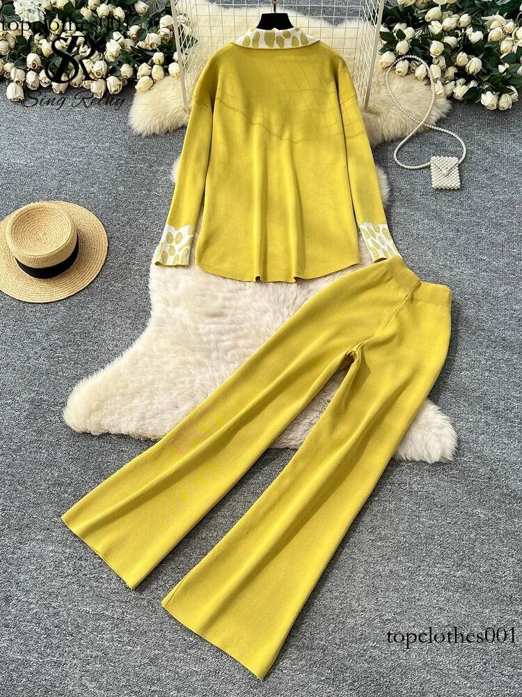SINGREINY Winter Leopard Casual Suits Fashion Women Loose Knit Shirt+Elastic Wide Legs Long Pants Print Sweater Two Pieces Sets