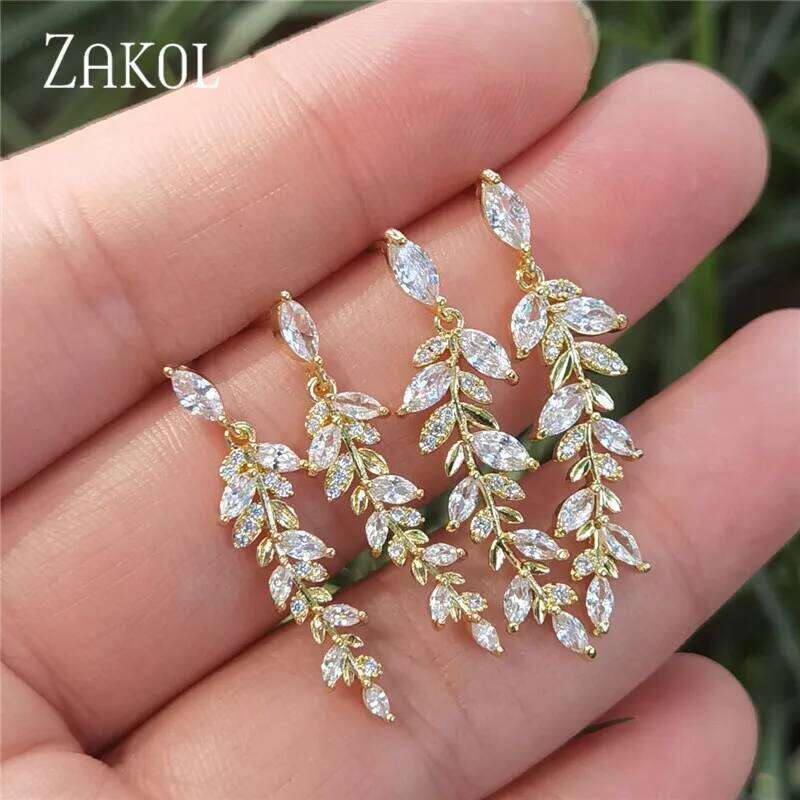 ZAKOL Charm Gold Color Leaf Earrings for Women Exquisite Tiny Zirconia Dangle Earring Elegant Korean Crystal Wedding Jewelry