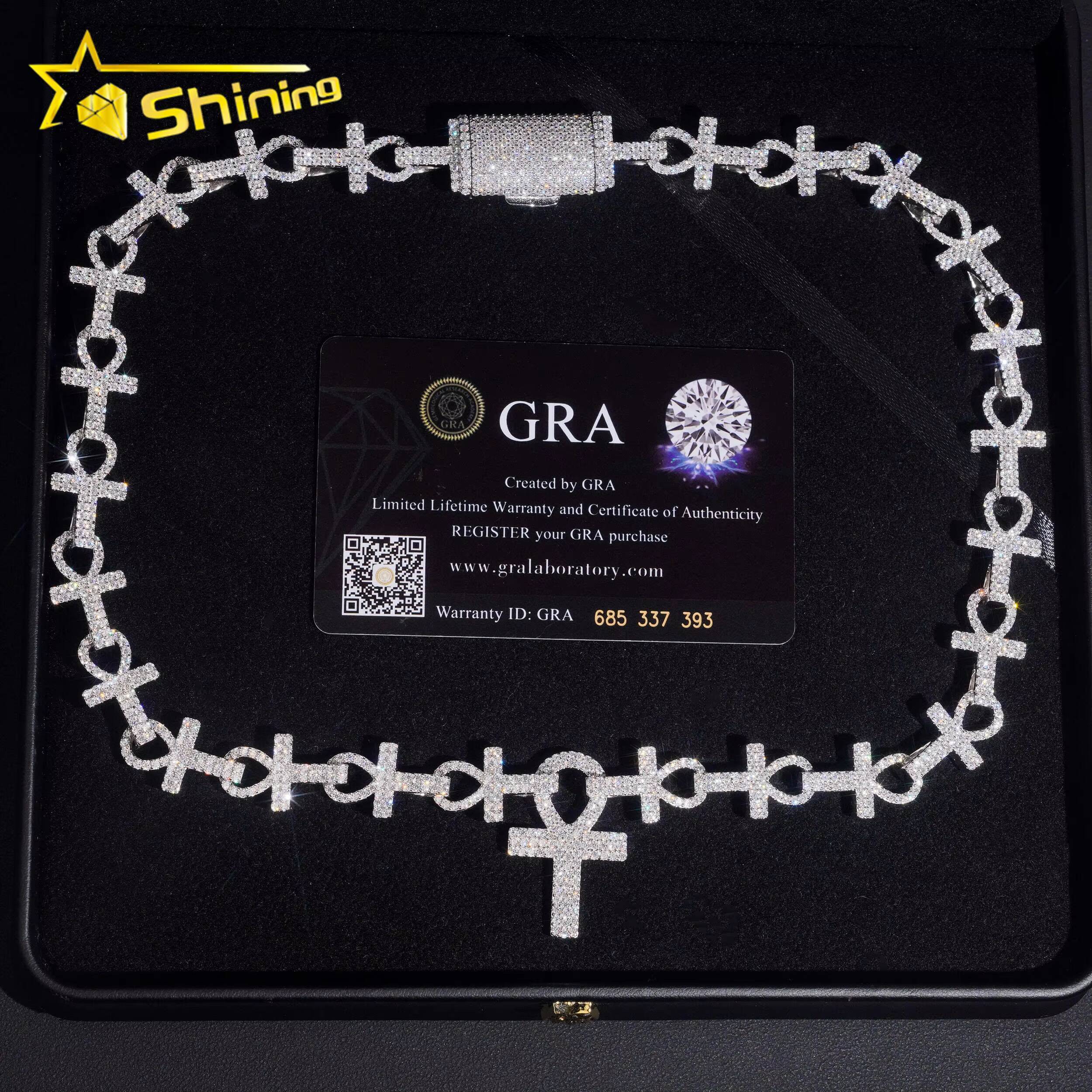 Ankle Cross Moissanite Necklace Chain Pass Tester VVS Moissanite 925 Silver Gold Plated Hip Hop Iced Out Cuban Link Chain