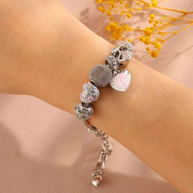 ZAKOL 1pcs Fashionable Multi-Element Accessories Dripping Oil Rose Love Little Swan Bracelet Jewelry, Daily Party Jewelry Gift
