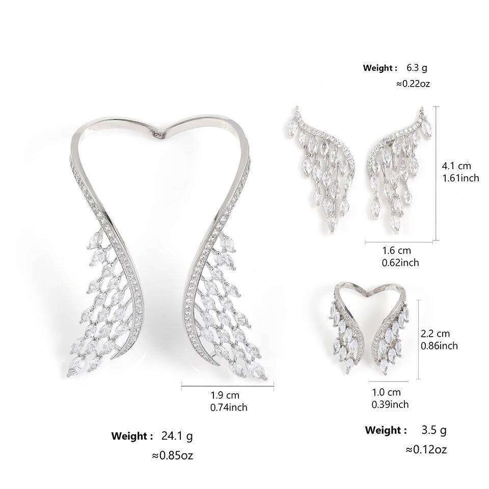 ZAKOL Luxury White Gold Color Wings Shape Cuff Bangle Ring Set for Women AAA Cubic Zirconia Bridal Women's Party Wedding Jewelry