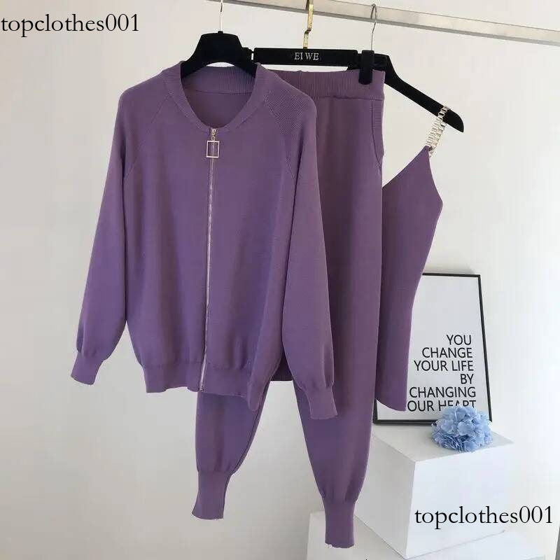 Women Zipper Knitted Cardigans Sweaters Pants Sets + Vest Woman Fashion Jumpers Trousers 3 PCS Costumes Outfit