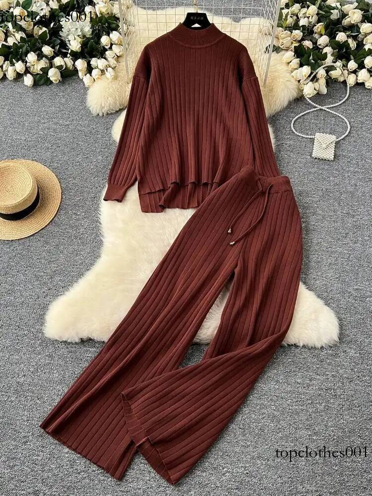 Autumn Winter Sweater Two Piece Set Women High Neck Pullover Loose Long Sleeved Knit Top+high Waist Wide Leg Casual Pants Outfit