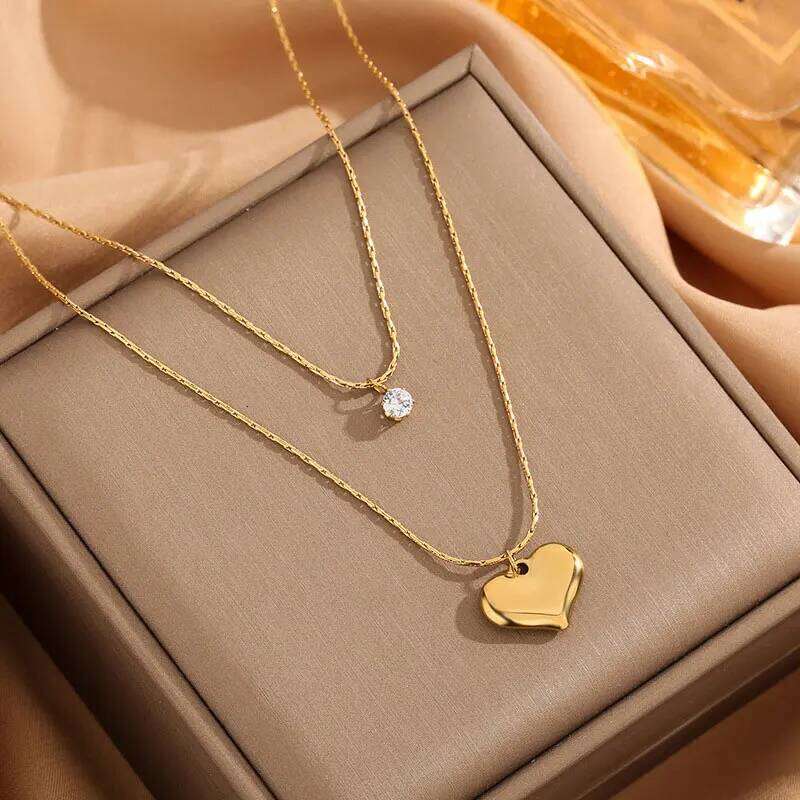 ZAKOL Stainless Steel Double-Layered Shiny Zirconium Metal Heart-Shaped Pendant Necklace, Fashionable And Personalized Birthday