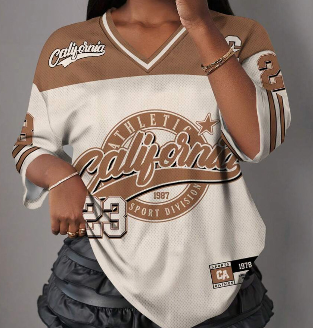 2026 European & American Sporty Style Tomboy American Vintage Jersey. Loose Fit, Streetwear, V-neck Short Sleeve T-shirt Top.